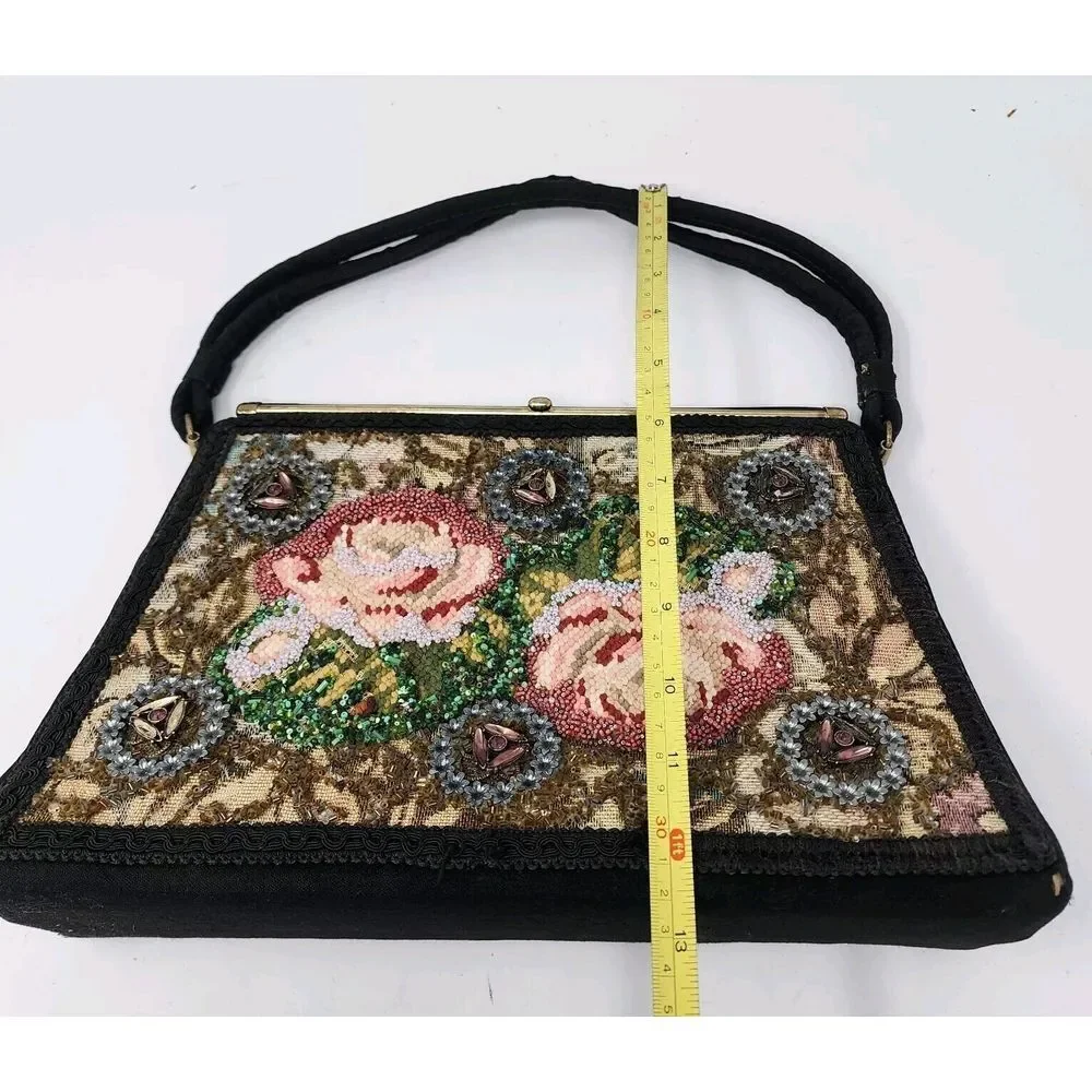 Vintage Embroidered Purse Black Needlepoint Beaded Multi‎ Floral Handbag